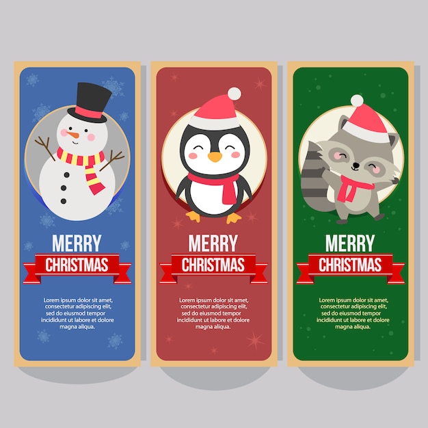 Christmas vertical banner with snowman penguin fox