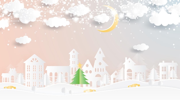 Christmas village in paper cut style. winter landscape with moon and clouds.