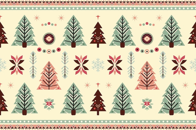 Vector christmas vintage ethnic seamless pattern decorated with trees design for background wallpaper fabric carpet web banner wrapping paper embroidery style