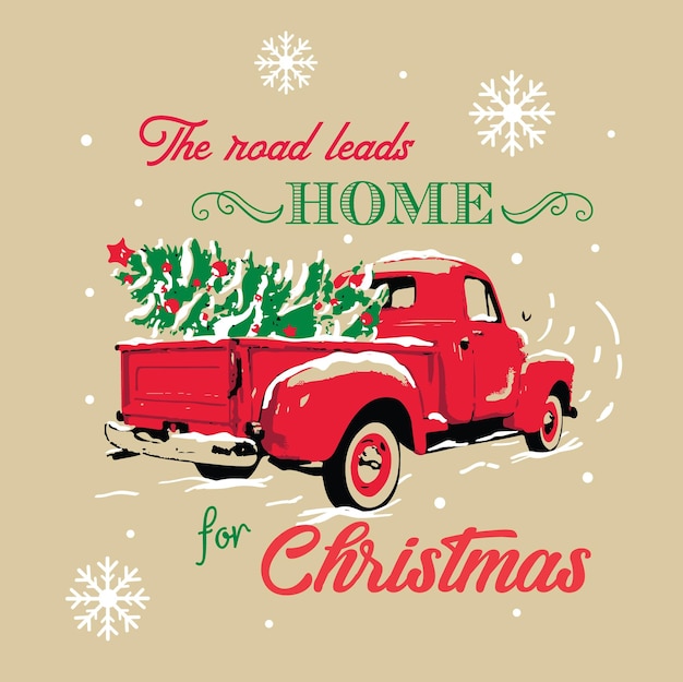 Рождественский винтажный красный грузовик с елкой и снежинками - векторный дизайн Рождества