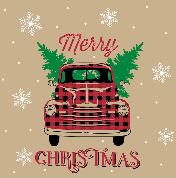 Christmas Vintage Red Truck with buffalo check, Pine tree, and merry Christmas wordings-