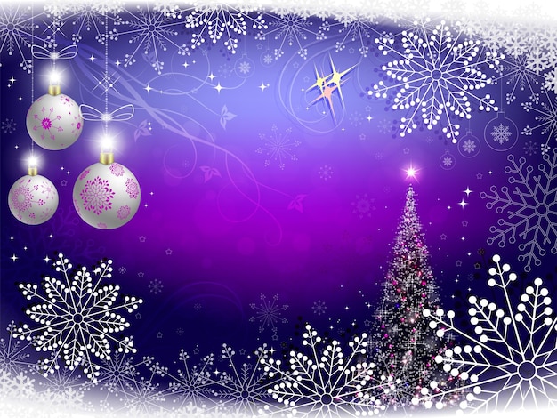 Christmas violet background with snowflakes and christmas tree