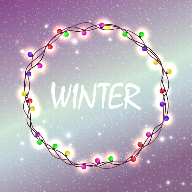 Christmas violet design with glitter and a wreath of burning colored bulbs