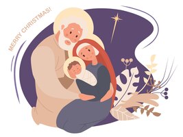 Вектор Рождество. дева мария, иосиф и младенец иисус христос рождение спасителя святое семейство и звезда вифлеем