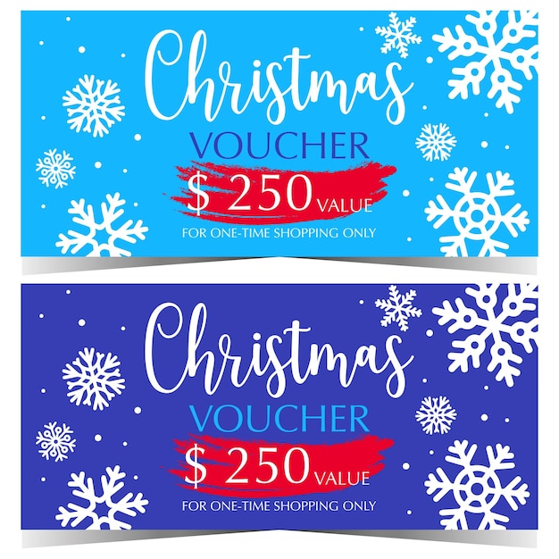 Christmas voucher or christmas gift card design template with snowflakes on blue background