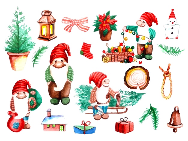 Christmas Watercolor Gnome Clipart