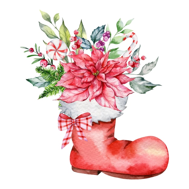 Рождественская акварельная иллюстрация, красные носки Санты, цветочная композиция, зимняя зелень, пуансеттия