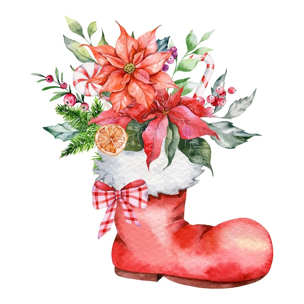 Christmas Watercolor Illustration,red Santa's socks,floral composition, winter greenery, poinsettia