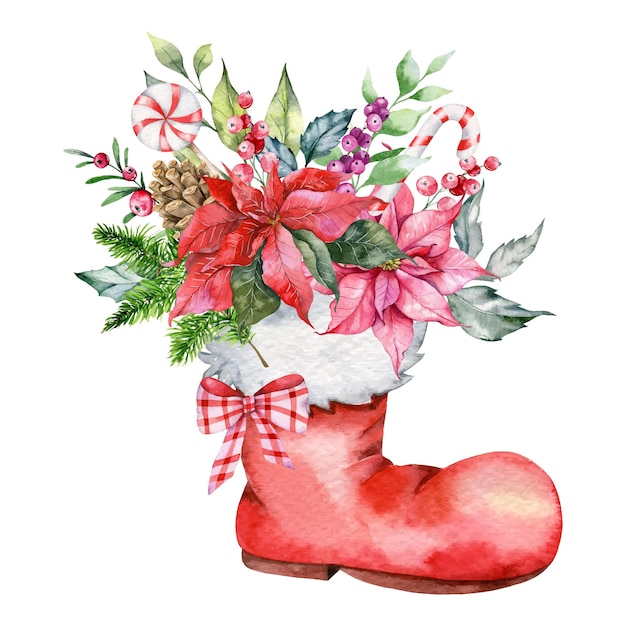 Christmas Watercolor Illustration,red Santa's socks,floral composition, winter greenery, poinsettia