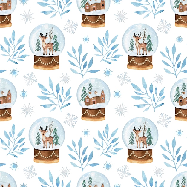 Christmas watercolor seamless pattern with snowball glob and branches