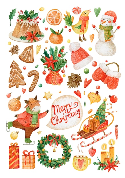 Vector christmas watercolor set of stickers