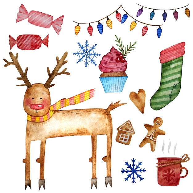 Christmas watercolor set with deer, candy and sock.