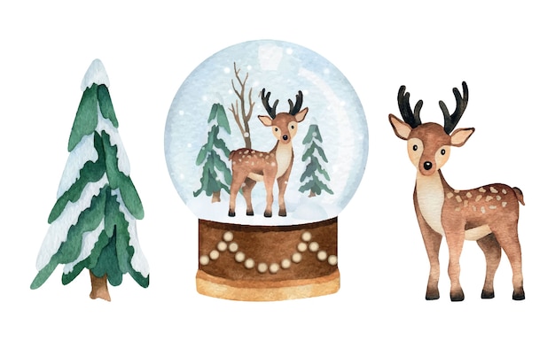 Вектор Рождественский акварельный набор с сосной, снежным шаром и оленями