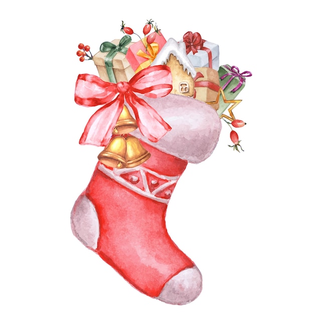 선물 상자와 징글 벨이 있는 크리스마스 수채화 스타킹.