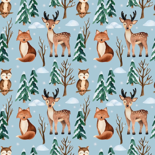 Christmas watercolor vector seamless pattern with forest animals