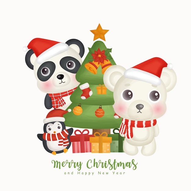 Christmas watercolor winter with a cute animals and christmas element for greeting cards