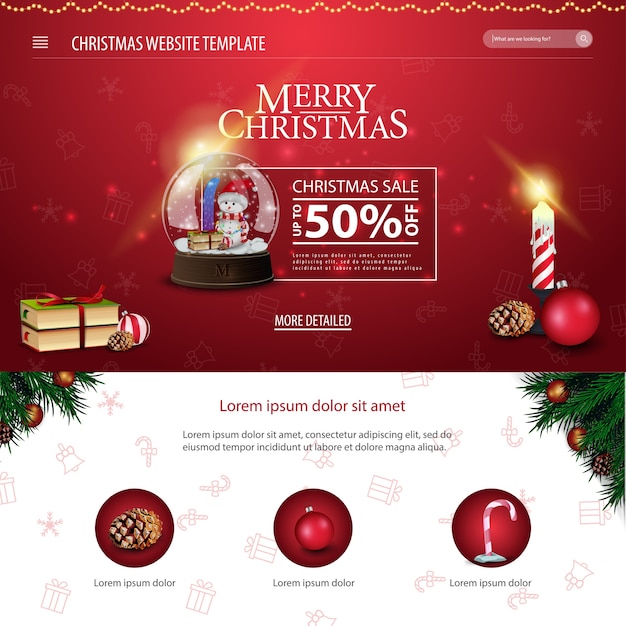 Christmas website template with Christmas book, snow globe and candle