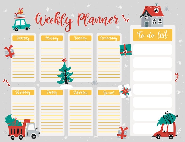 かわいい車でリストを行うクリスマス ウィークリー プランナー ページ テンプレート
