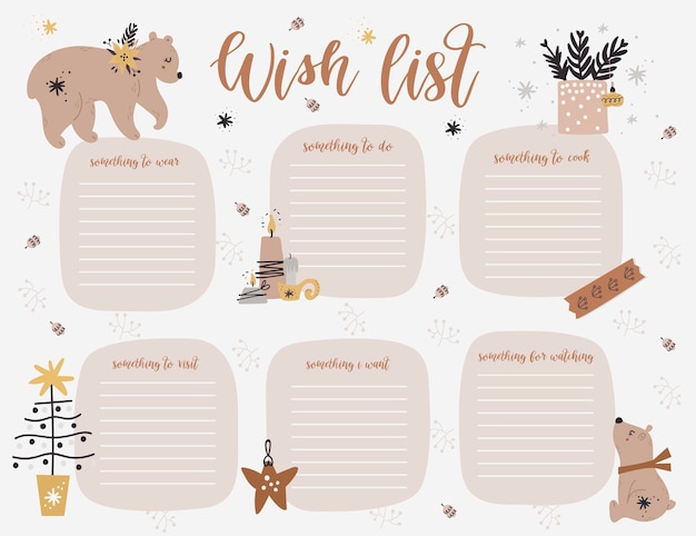 Шаблон страницы новогоднего еженедельника, список желаний с милыми медведями, веточки в мультяшном стиле