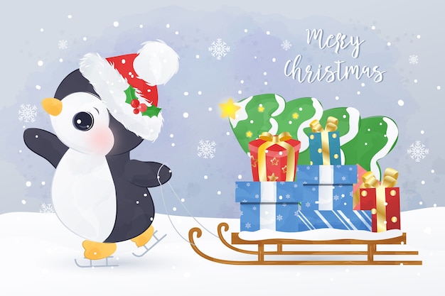 Christmas wenskaart met schattige pinguïn