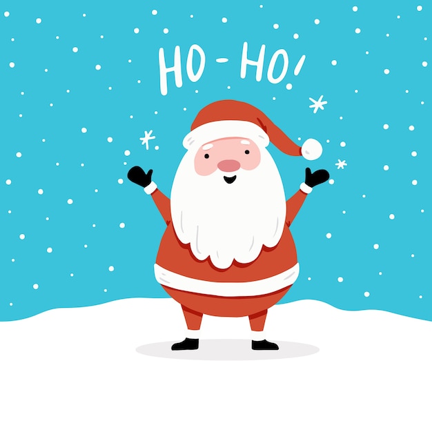 Christmas wenskaart ontwerp met zingende kerstman stripfiguur, hand getrokken ontwerpelementen, belettering qoute ho-ho.