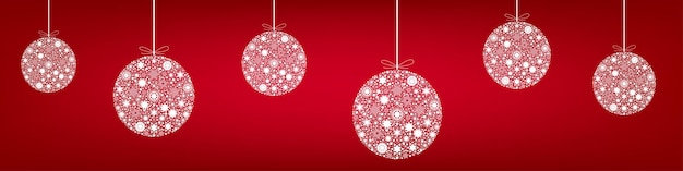 빨간색 배경에 흰색 크리스마스 트리 장식입니다. 새해 복 많이 받으세요. 크리스마스 공과 눈송이입니다. 인사말 카드 또는 파티 초대장을 위한 벡터 겨울 템플릿입니다.