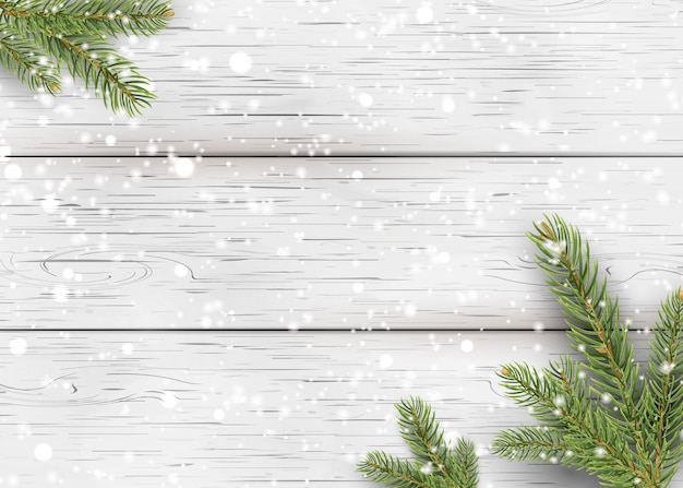 Vector christmas white wooden background with holiday fir tree branches, pine cone and falling shiny snow. flat lay, top view with copy space for your text.