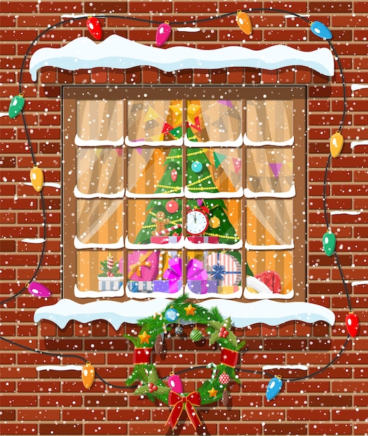 Вектор Рождественское окно в кирпичной стене