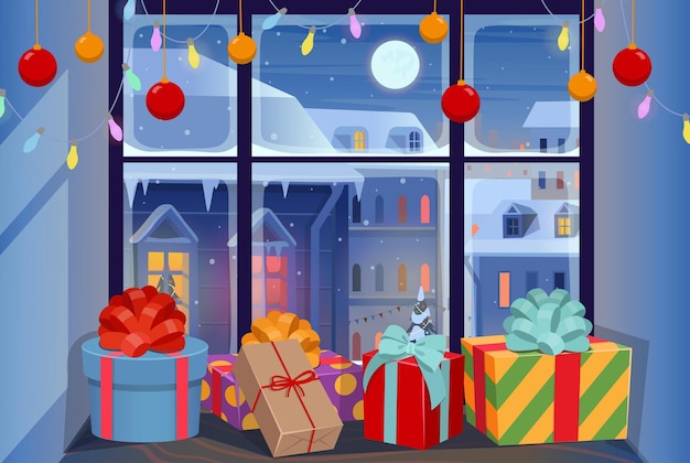 Vector christmas window with gifts on the windowsill facades of houses in winter at night