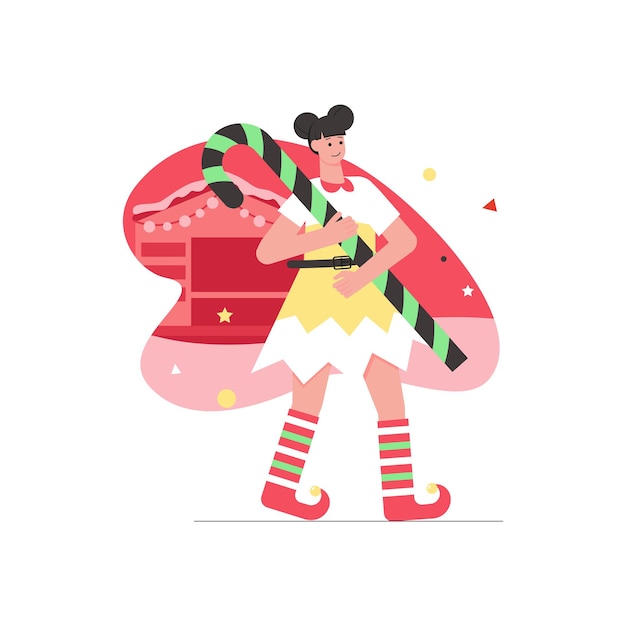 Vector christmas and winter activity modern flat concept. cute young girl in costume of xmas elf is holding candy cane. party holiday celebration. vector illustration with people scene for web banner design