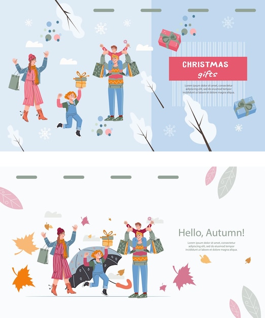 Christmas winter and autumn website mockups set for sales and holiday markets