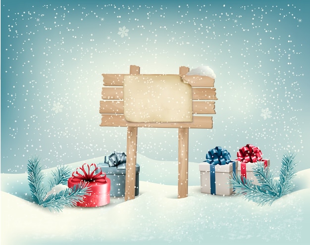 Vector christmas winter background with presents and wooden board.