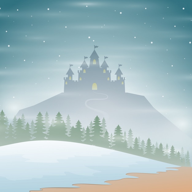 Vector christmas winter castle silhouette on the hill