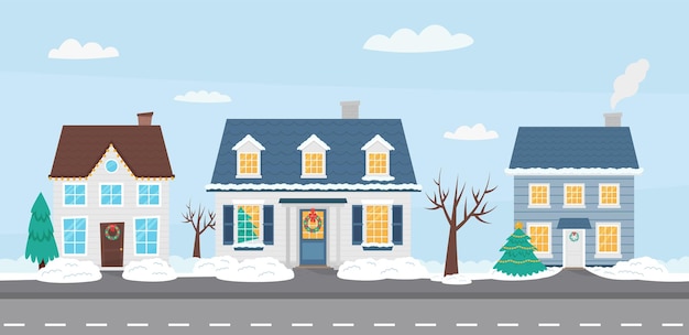 Vector christmas winter city street in cartoon flat style