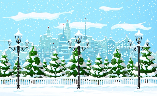 Vector christmas winter cityscape, snowflakes and trees. city park snow alley and buildings.