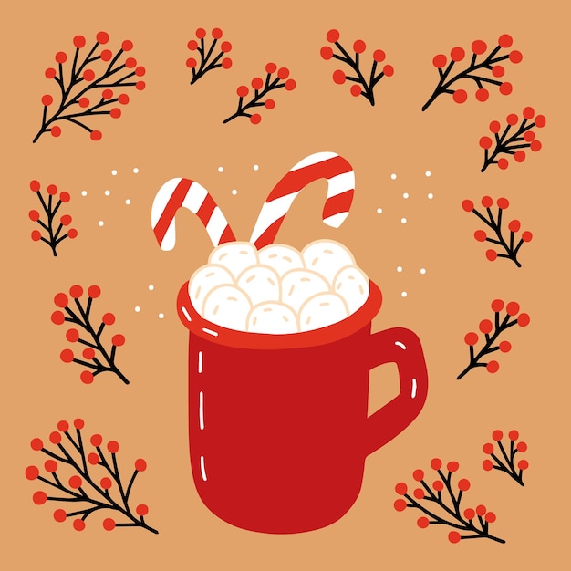 Vector christmas winter drink with marshmallows and candy cane christmas greeting card with hot chocolate and marshmallows vector illustration