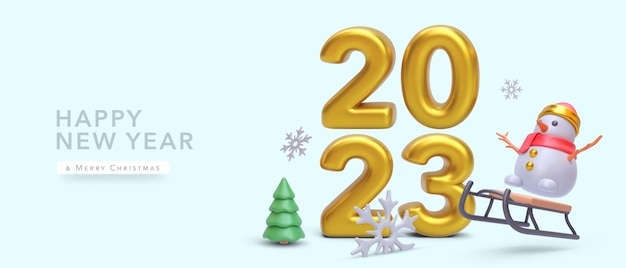 Вектор Рождественская зимняя праздничная композиция реалистичные объекты снеговик дерево сани 2023 и снег праздник поздравительная открытка баннер веб-плакат векторная иллюстрация