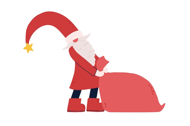 Lo gnomo invernale di natale tira una borsa con i regali. babbo natale. aiutante babbo natale. illustrazione di natale. illustrazione vettoriale colorato isolato su sfondo bianco.