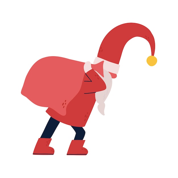 Рождественский зимний гном тянет сумку с подарками. Дед Мороз. помощник санта. рождественская иллюстрация. векторные красочные иллюстрации на белом фоне.