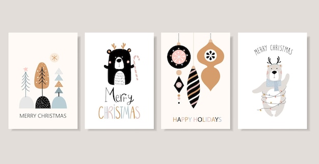 Коллекция рождественских зимних поздравительных открыток для детей с милыми сезонными элементами