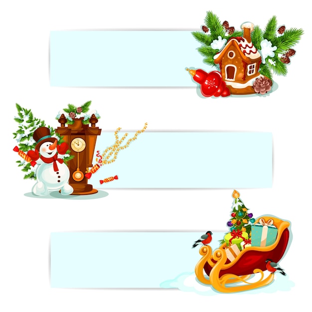 Christmas winter holiday banner set. xmas tree with ball and gift, snowman with snowy pine, gingerbread house, christmas bauble, santas sleigh, clock and bullfinch. xmas and new year decor design