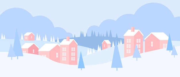 Vector christmas winter holiday rural landscape with village, forest, pine trees, houses, snow drifts,hills