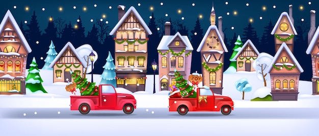 Christmas winter house landscape vector xmas holiday snow town seamless background red truck