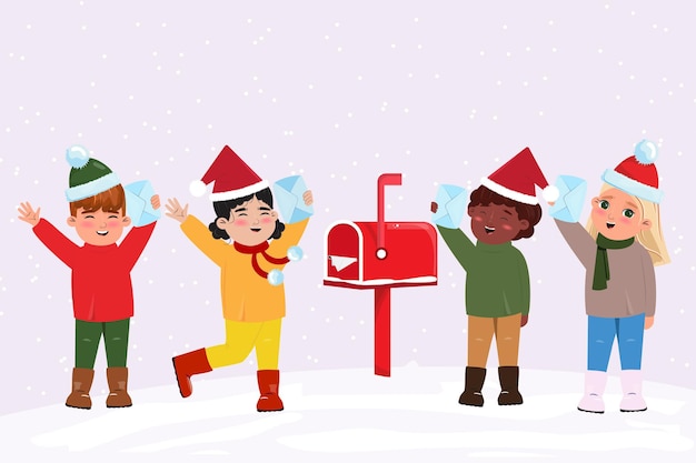 Christmas winter illustrations with diverse children holding letters to Santa Claus