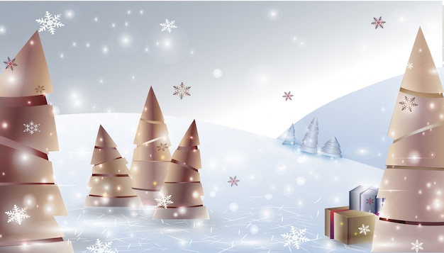 Christmas winter landscape background with Christmas trees, gifts, snowflakes