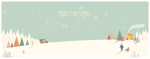 クリスマスの冬の風景bannergreenと子供たちと田舎の風景のアースカラーの色