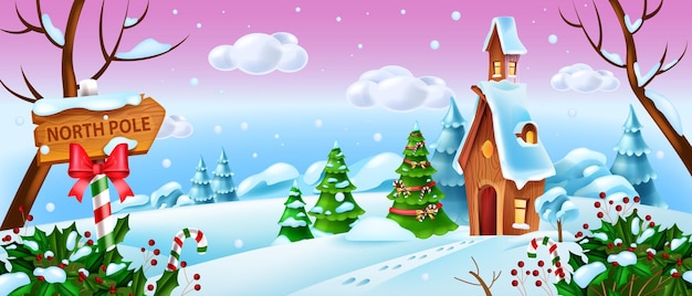 Christmas winter landscape vector holiday xmas woodland background Santa Claus cartoon house