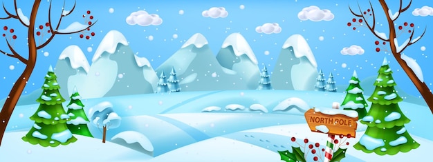 Christmas winter landscape vector xmas snow background North Pole woodland horizontal view