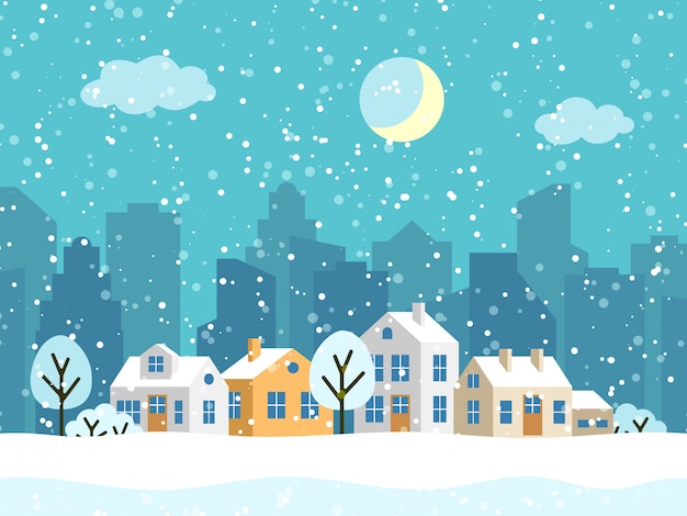 Christmas winter landscape with small houses