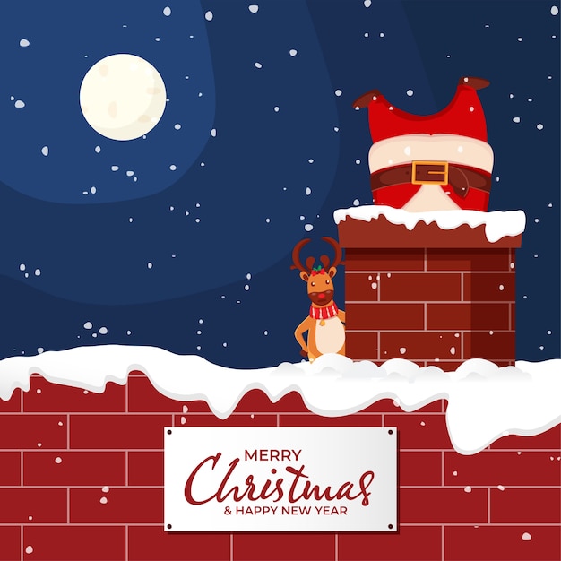 Christmas winter night background with santa claus and reindeer